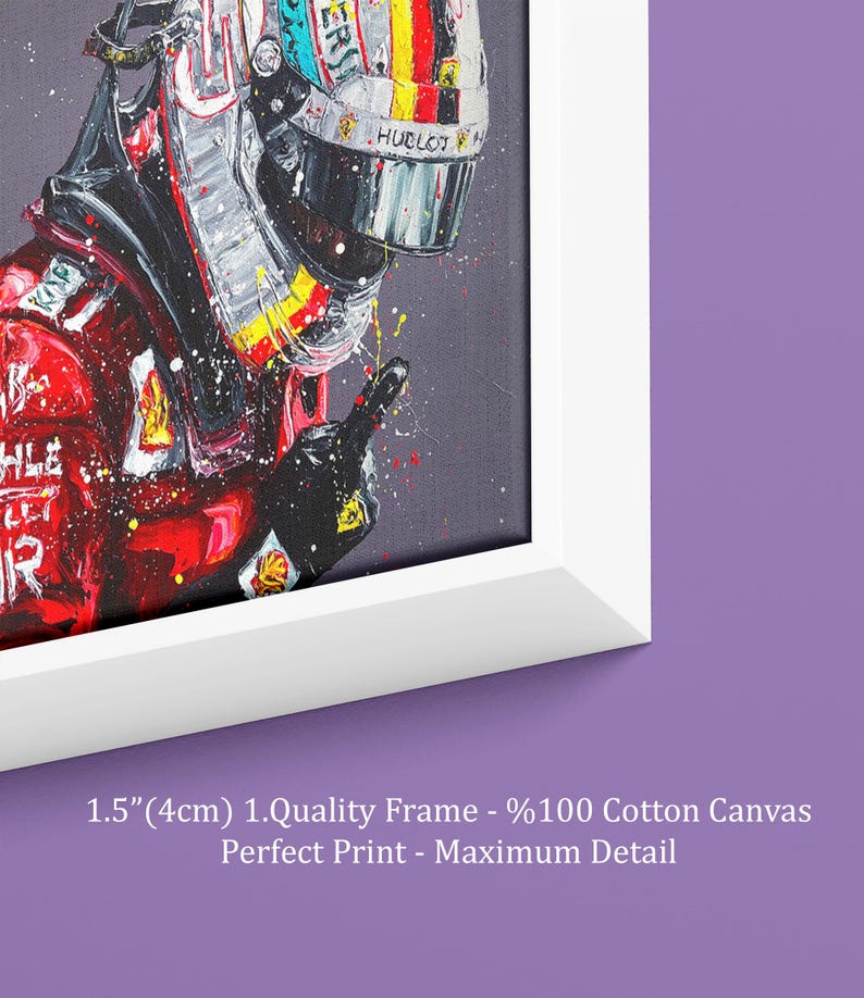 May include: A framed canvas print featuring a colorful painting of a race car driver in a helmet. The artwork is in a white frame. The text on the frame reads: 1.5" (4cm) 1.Quality Frame - %100 Cotton Canvas Perfect Print - Maximum Detail.