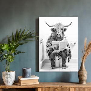 Highland Cow Sitting on The Toilet Reading | Funny Bathroom Wall Art | Animal Print | Bathroom Decor | Canvas Wall Art