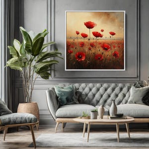 Red Poppy Field Painting - Canvas Print, Rolled Canvas & Framed Canvas | Floral Landscape Art