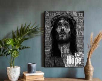 Jesus Christ Hope Portrait Canvas, Typography Art Print, Jesus Picture, Christian Wall Decor, Faith Painting for Home Decor