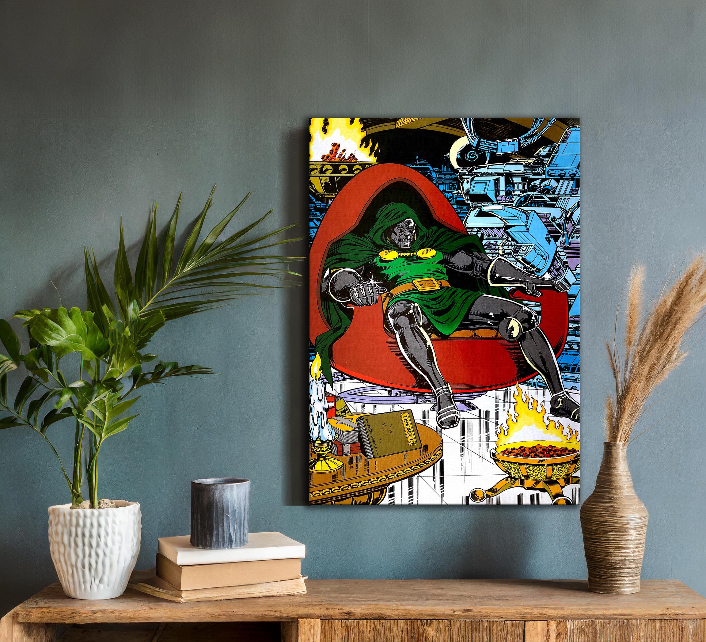 Lienzo de cómic de Marvel vintage de Doctor Doom, arte de pared enmarcado de superhéroes, arte retro de Marvel para fanáticos y coleccionistas