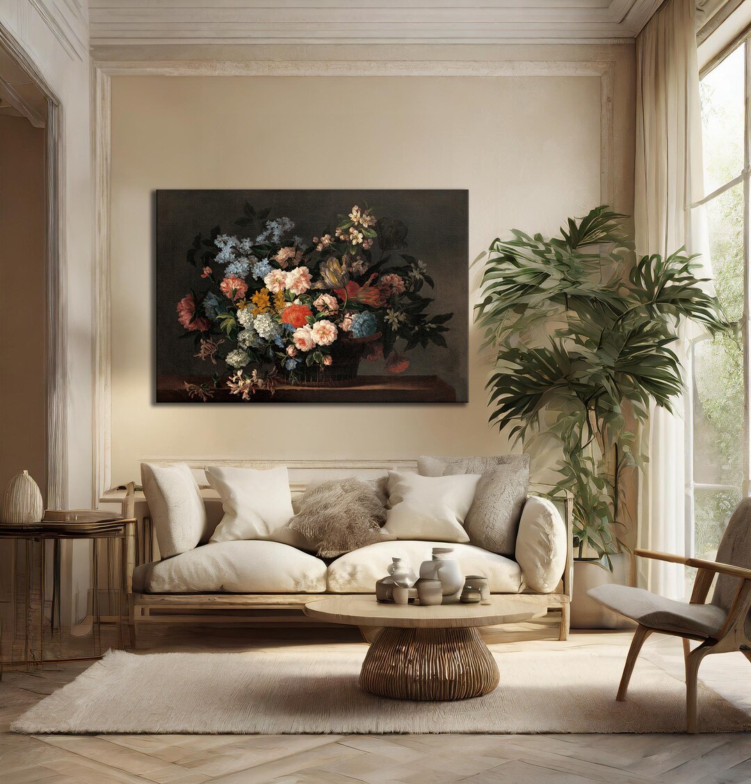 Still Life With Basket of Flowers Canvas Print, Vintage Floral Wall Art ...