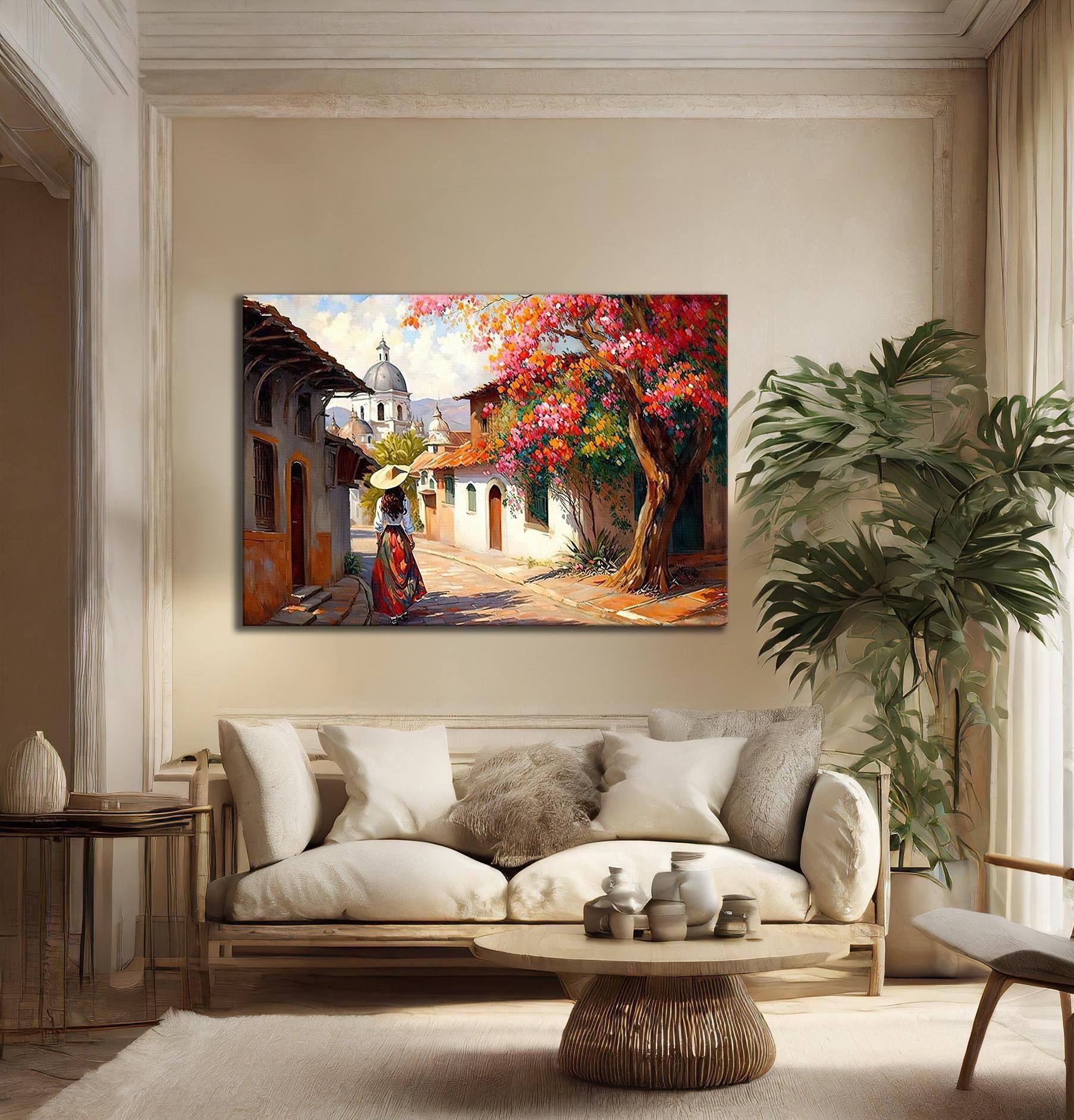 メキシコの村落カラフルな民俗画