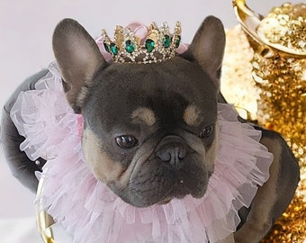 May include: A French bulldog wearing a pink ruffled collar and a crown with green gems. The dog is standing on a black platform with pink and gold decorative items.