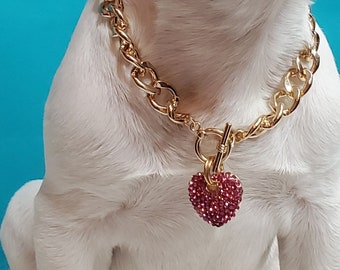 Supper cute dog neck chain gold color with pink color heart /Jewelry for dogs/