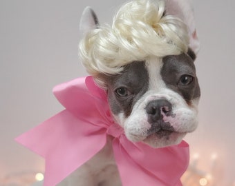 Cute pet blond   wig with pink bow  /Wig for dog or cat / Halloween dog wig / costume dog wig /Frenchies wig /