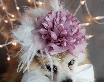 Eleganter Hut mit Feder und Blume für Hund oder Katze / Mütze für kleines Haustier / Kostüm für Hunde /