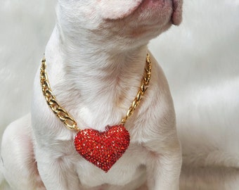 Gold Dog Necklace with Red Heart Charm, Pet Collar Chain