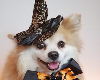 Witch hat for dog/ Black color Halloween hat with bow tie/Dog costume/Halloween  costume/Cat Halloween costume/