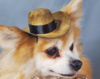 Set  Cowboys  hat  gold  color with bow tie  for dog or cat