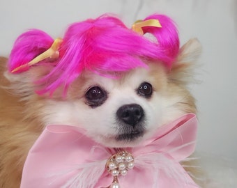 Hot pin color  dog wig.  with.    Pony  tails /Cute pet   wig  for dog or cat / Halloween pet  wig / Costume dog wig /