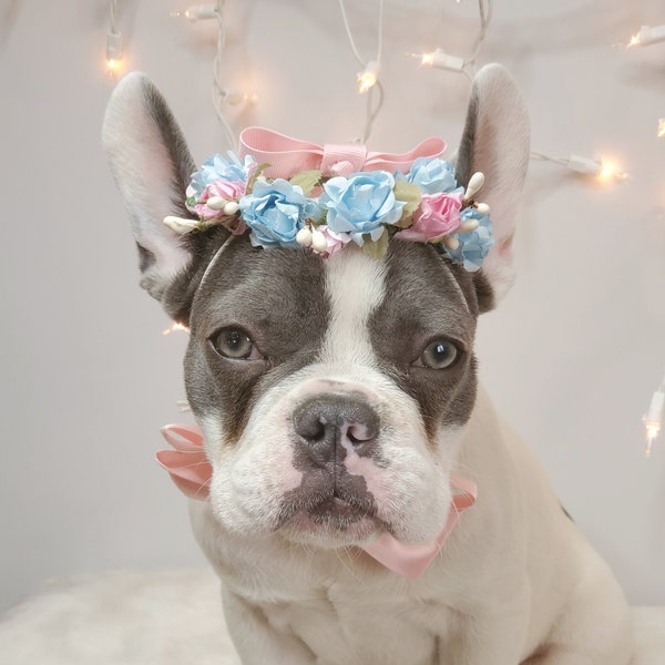 Set flower crown and neck bow / Garden Flowers Pet wedding Set /Flower Crown/ Dogs Floral Headband /Cat Flower Crown Outfits/