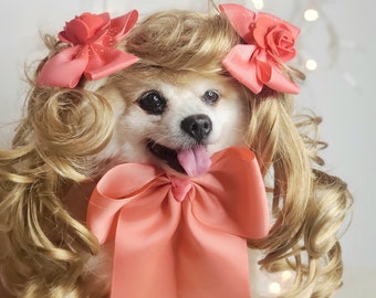 Pet wig with  bow for dog or cat/Cat costume/Dog costume/Pets costume/