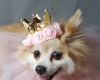 Set Listing Gold color crown   with pink collar tie for dog or cat /Princess set /