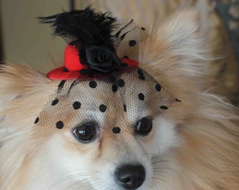 Cute red  color  mini  hat with   feather and   flowers for dog or cat / Small dog hat /