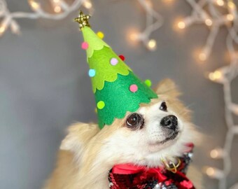 Christmas tree hat with red color bow tie  for  dog  or cat for Christmas costume