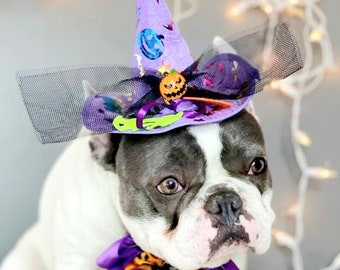 Witch hat for dog/ Black color Halloween hat with bow tie/Dog costume/Halloween  costume/Cat Halloween costume/Dog costume