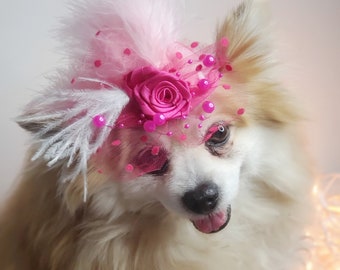 Sombrero rosa con flores y plumas: disfraz para gato o perro pequeño