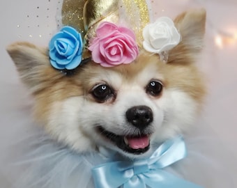 Pet Unicorn Costume Set: Hat and Collar, Halloween Dog Cat Outfit