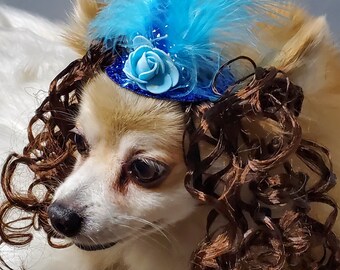 Cute  blue color  mini  hat with   feather ,flower and brown color hiar for dog or cat