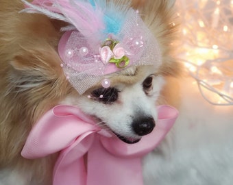 Elegant hat with   feather and   flower for dog or cat /Hat for small pet /Costume for dogs/