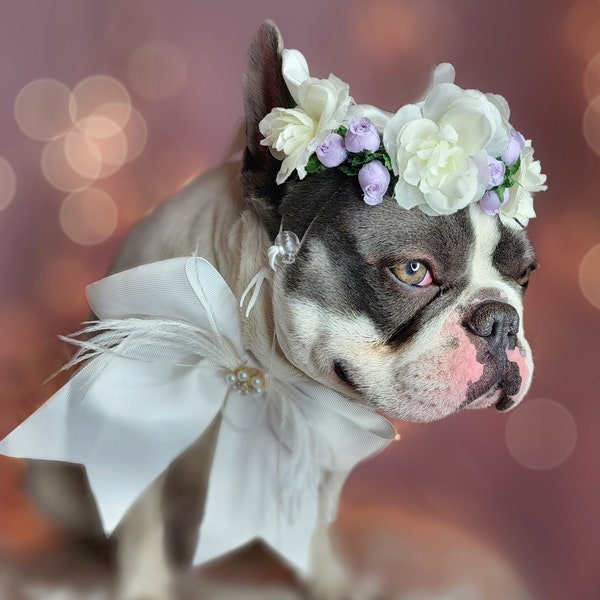 Set flower crown and neck bow / Garden Flowers Pet wedding Set /Flower Crown/ Dogs Floral Headband /Cat Flower Crown Outfits/