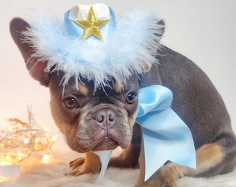 Cowboys hat white  color with  blue  color feather/ Hat for pet  / Small cowboys hat for dog / Cowboys dog costume /