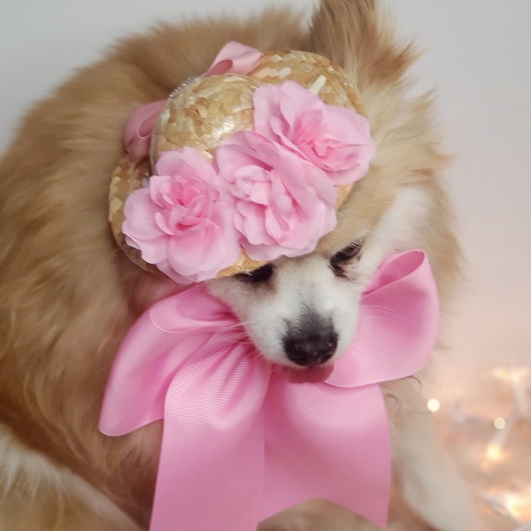 Straw hat with flowers  for dog or cat/ Hat for small pet /Dog hat/Dog costume/