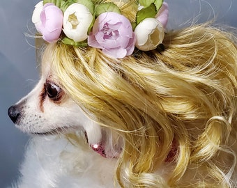 Blond color Pet  wig  with flowers   for dog or cat small animals /Dog costume /Cat costume /Halloween pet costume /