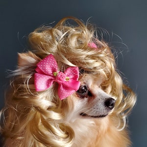 Pet   wig blond color  for dog or cat with cute bow hot pink color /Halloween costume wig for dogs/Dog costume/