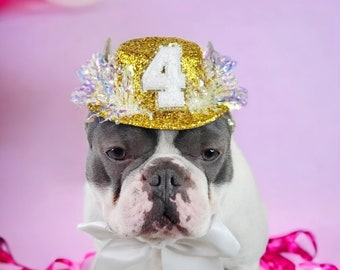 May include: A French bulldog wearing a gold party hat with the number "4" on it, looking at a small chocolate cake with berries and green leaves on top. The dog is wearing a white bow tie and is surrounded by pink and white ribbons.