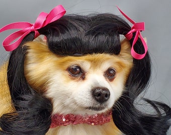 Pet   wig black     color with    ponytails for dog or cat / Dog costume / Cat costume / Pet costume /