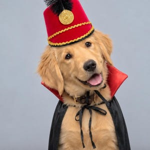May include: A red velvet pillbox hat with gold trim, a central gold medallion, and a black feather plume, paired with a black cape featuring a red stand-up collar and black ribbon ties, worn by a golden-colored dog with a light-colored coat.