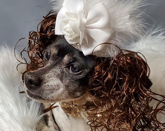 Cute  silver color  mini  hat with   feather ,flower and brown color hiar for dog or cat