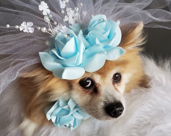 Veil for pets/Cute bridal  veil  white color with blue color flowers  and  neck tie  with blue flower