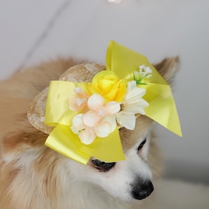 Straw hat with flowers  for dog or cat/ Hat for small pet /Dog hat/Dog costume/