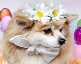 POPETPOP Dog Flower Headband, Puppy Wedding Flower Collar, Pet Crown Headwear For Cats And Dog Weddings Decor, Adjustable Flowers Leaves