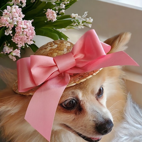 Straw dog hat / Straw hat with  pink color bow for dog or cat