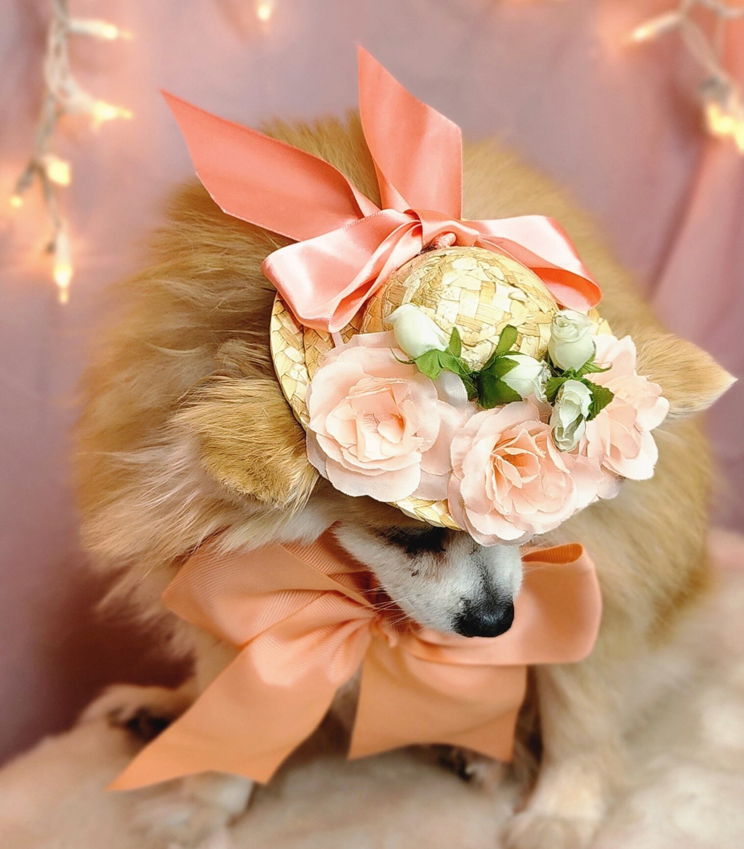 花柄麦わらペット帽子：エレガントな犬/猫用コスチューム - Etsy 日本