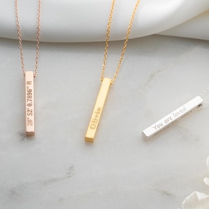 Personalized 3D Vertical Bar Name Necklace, Custom Engraved Silver Bar Name Date Charm, Actual Handwriting Family Jewelry, Gold Gift For Mom