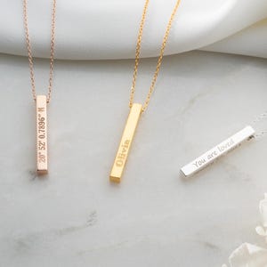 Personalized 3D Vertical Bar Name Necklace, Custom Engraved Gold Bar Name & Date Pendant, Actual Handwriting Jewelry, Silver Gift For Her