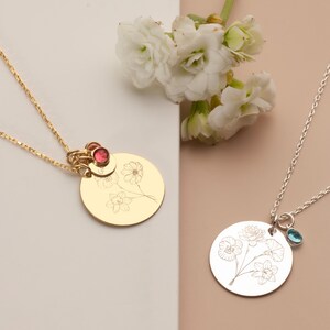 Personalized Birth Flower Necklace with Birthstone & Name, Floral and Stone Jewelry, Custom Gift For Her, Silver Birth Month Charm Necklace