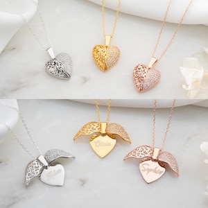 Personalisierte Name Herz Halskette, Silber Schmuck, Liebhaber Halskette, Schutzengel Flügel Charme, Rose Gold Geschenk für Mutter, Weihnachtsgeschenk