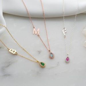 Collar con inicial de piedra de nacimiento personalizado, collar con letras grabadas personalizadas, joyería con nombre de piedra de nacimiento en forma de gota, delicado collar con dije de corte de pera