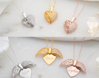 Custom Name Heart Necklace, Personalized 925 Sterling Silver Engraved Jewelry, Guardian Angel Wings Charm, Unique Gold Birthday Gift For Her