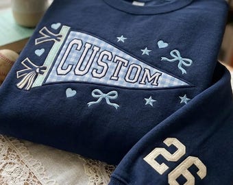 Embroidered Custom Pennant Sweatshirt, Gingham Applique Sweatshirt, Personalized College Letter Sweatshirt, University Pride Top