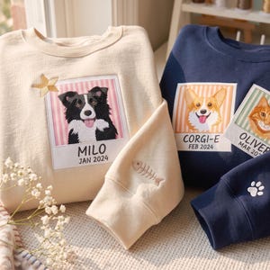 Personlig randig tröja med applikation för husdjursporträtt, Polaroid-tröja med husdjursfoto, personlig broderad tröja för hund och katt, present till husdjursälskare