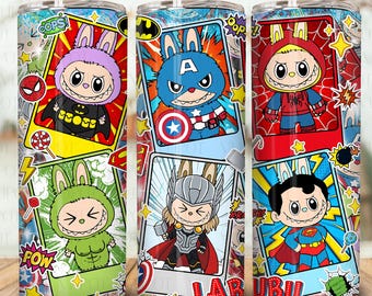 Design de embalagem para copo de super-herói de 20 oz, design de sublimação para copo fino de super-herói de desenho animado, embalagem para copo fino de 20 oz de desenho animado de boneca, arquivo digital