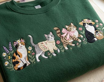 Vintage 90s Cats Embroidered Crewneck, Kitten Nature Sweatshirt, Cottagecore Wildflower Kittens Tee, Cute Pet Floral Shirt, Cat Lover Gift