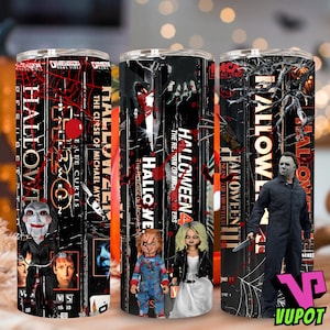 Horror Halloween Characters 20 oz Tumbler Png, 90s Style Retro Vintage Halloween Tumbler Wrap, Halloween Movies VHS 20oz Skinny Tumbler Wrap